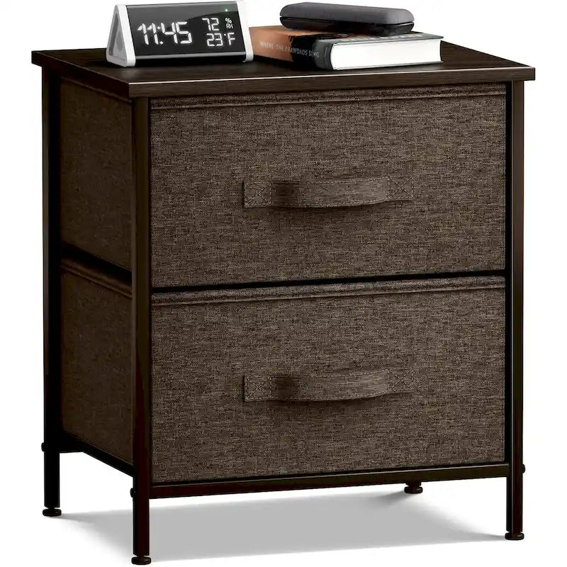 Table de chevet 2 tiroirs, cadre en acier et bacs en tissu, gris noir / marron / gris blanc