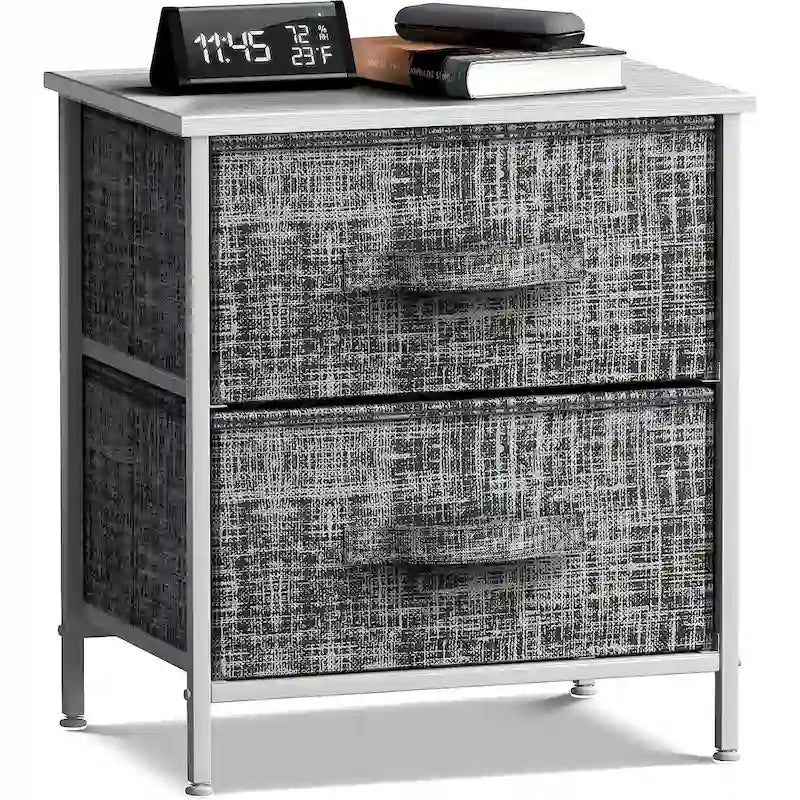 Table de chevet 2 tiroirs, cadre en acier et bacs en tissu, gris noir / marron / gris blanc