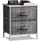 Table de chevet 2 tiroirs, cadre en acier et bacs en tissu, gris noir / marron / gris blanc