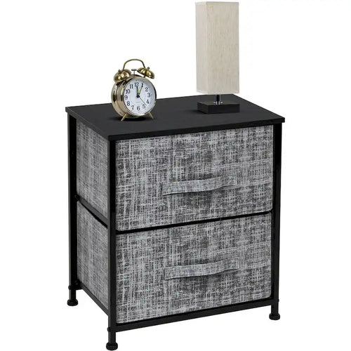 Table de chevet 2 tiroirs, cadre en acier et bacs en tissu, gris noir / marron / gris blanc