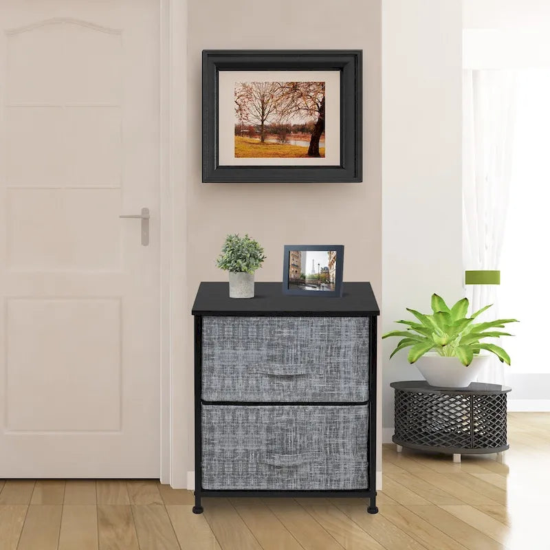 Table de chevet 2 tiroirs, cadre en acier et bacs en tissu, gris noir / marron / gris blanc