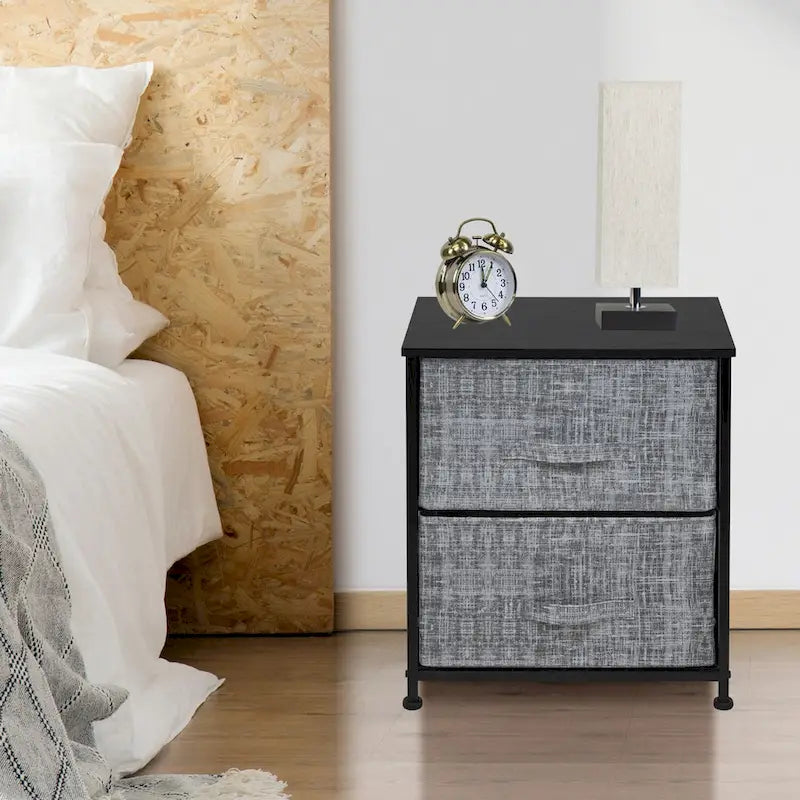 Table de chevet 2 tiroirs, cadre en acier et bacs en tissu, gris noir / marron / gris blanc