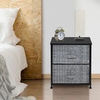 Table de chevet 2 tiroirs, cadre en acier et bacs en tissu, gris noir / marron / gris blanc
