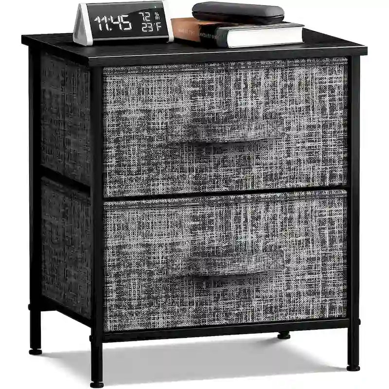 Table de chevet 2 tiroirs, cadre en acier et bacs en tissu, gris noir / marron / gris blanc