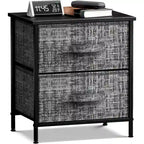 Table de chevet 2 tiroirs, cadre en acier et bacs en tissu, gris noir / marron / gris blanc