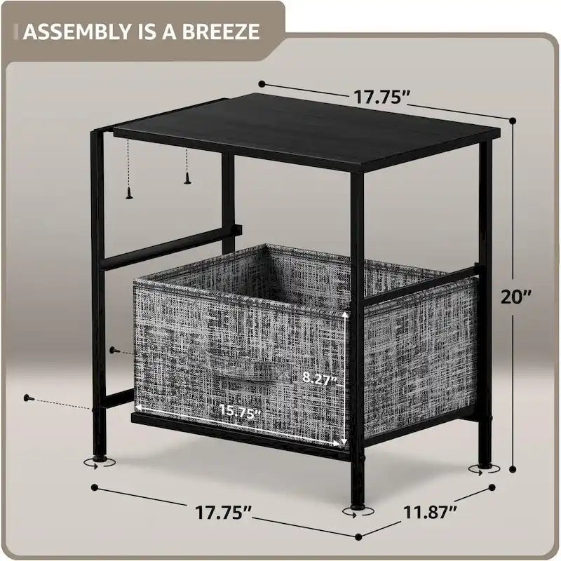 Table de chevet 2 tiroirs, cadre en acier et bacs en tissu, gris noir / marron / gris blanc