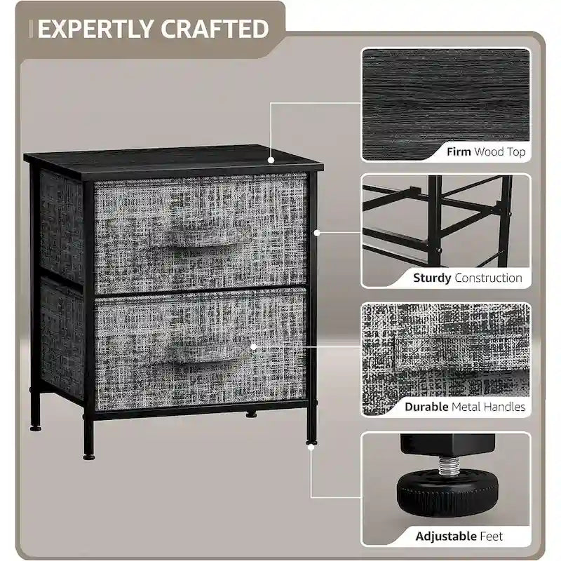Table de chevet 2 tiroirs, cadre en acier et bacs en tissu, gris noir / marron / gris blanc