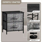 Table de chevet 2 tiroirs, cadre en acier et bacs en tissu, gris noir / marron / gris blanc