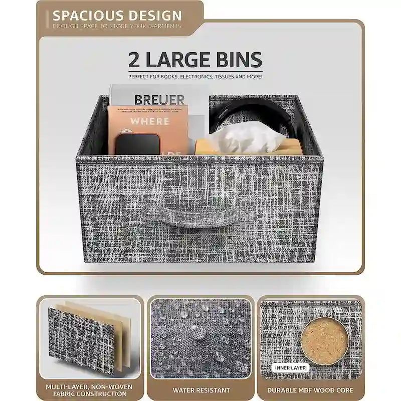 Table de chevet 2 tiroirs, cadre en acier et bacs en tissu, gris noir / marron / gris blanc