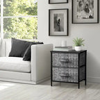 Table de chevet 2 tiroirs, cadre en acier et bacs en tissu, gris noir / marron / gris blanc