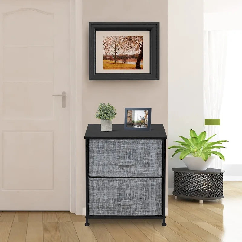 Table de chevet 2 tiroirs, cadre en acier et bacs en tissu, gris noir / marron / gris blanc