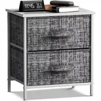 Table de chevet 2 tiroirs, cadre en acier et bacs en tissu, gris noir / marron / gris blanc