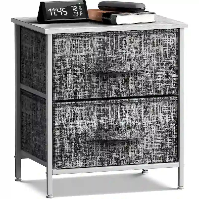 Table de chevet 2 tiroirs, cadre en acier et bacs en tissu, gris noir / marron / gris blanc