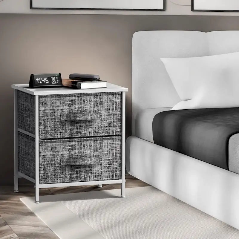Table de chevet 2 tiroirs, cadre en acier et bacs en tissu, gris noir / marron / gris blanc