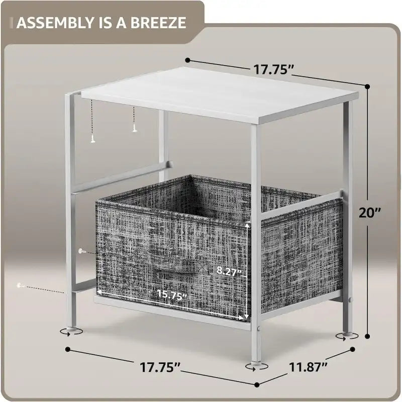 Table de chevet 2 tiroirs, cadre en acier et bacs en tissu, gris noir / marron / gris blanc