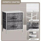 Table de chevet 2 tiroirs, cadre en acier et bacs en tissu, gris noir / marron / gris blanc