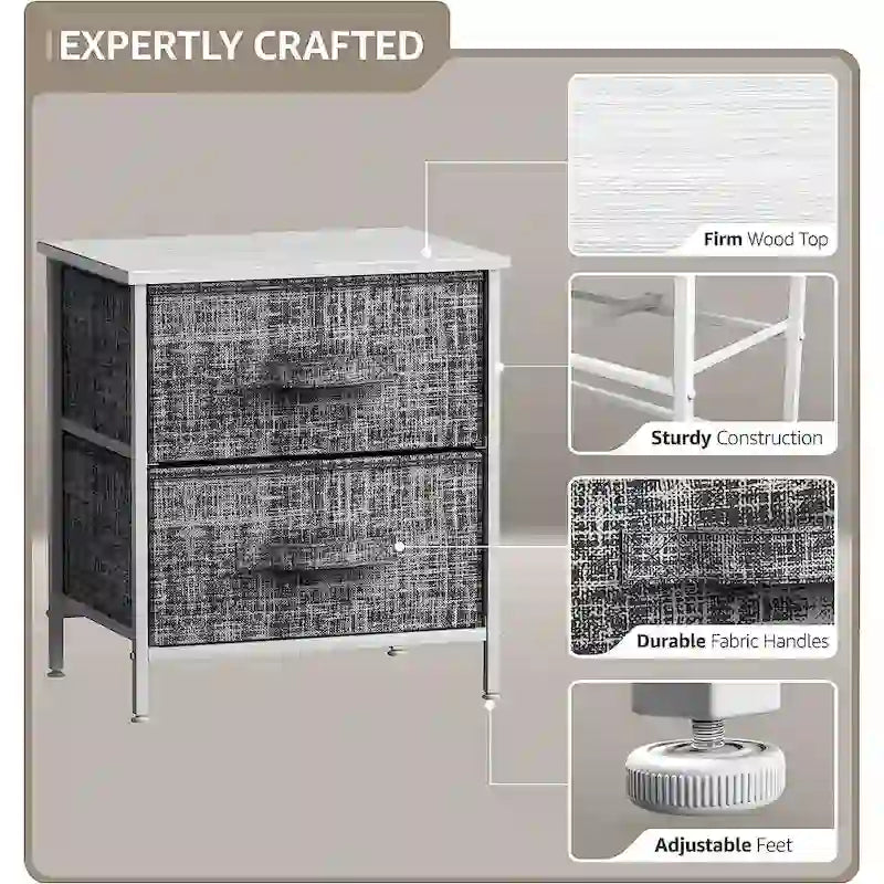 Table de chevet 2 tiroirs, cadre en acier et bacs en tissu, gris noir / marron / gris blanc