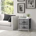 Table de chevet 2 tiroirs, cadre en acier et bacs en tissu, gris noir / marron / gris blanc