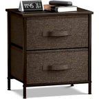 Table de chevet 2 tiroirs, cadre en acier et bacs en tissu, gris noir / marron / gris blanc