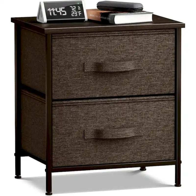 Table de chevet 2 tiroirs, cadre en acier et bacs en tissu, gris noir / marron / gris blanc