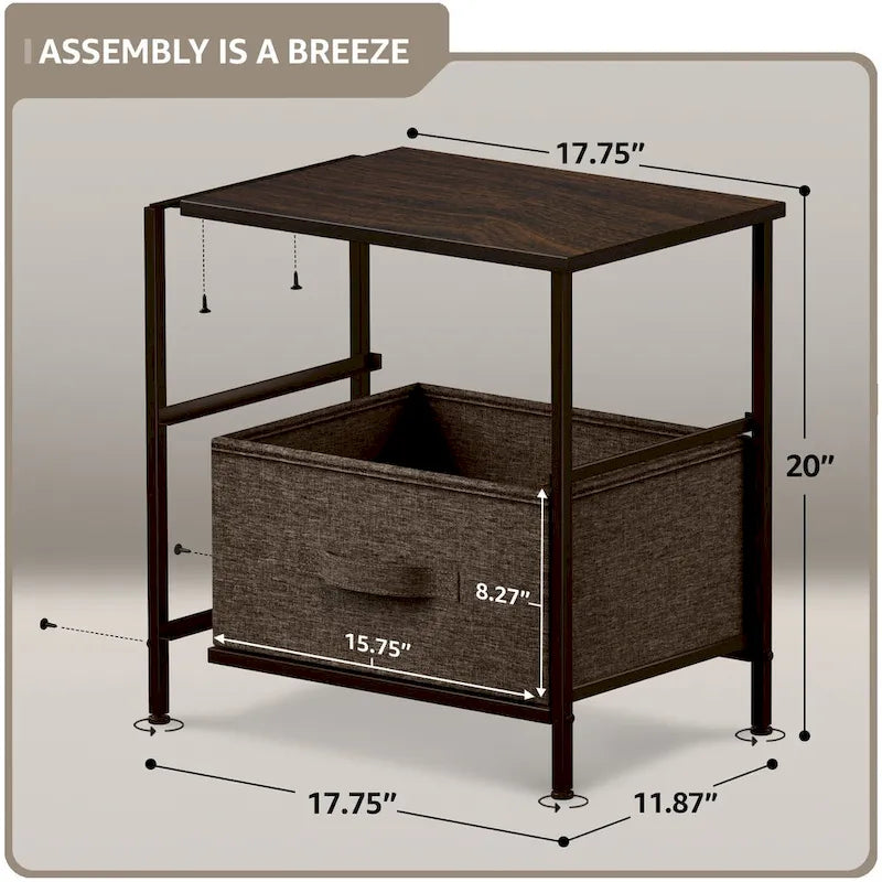 Table de chevet 2 tiroirs, cadre en acier et bacs en tissu, gris noir / marron / gris blanc