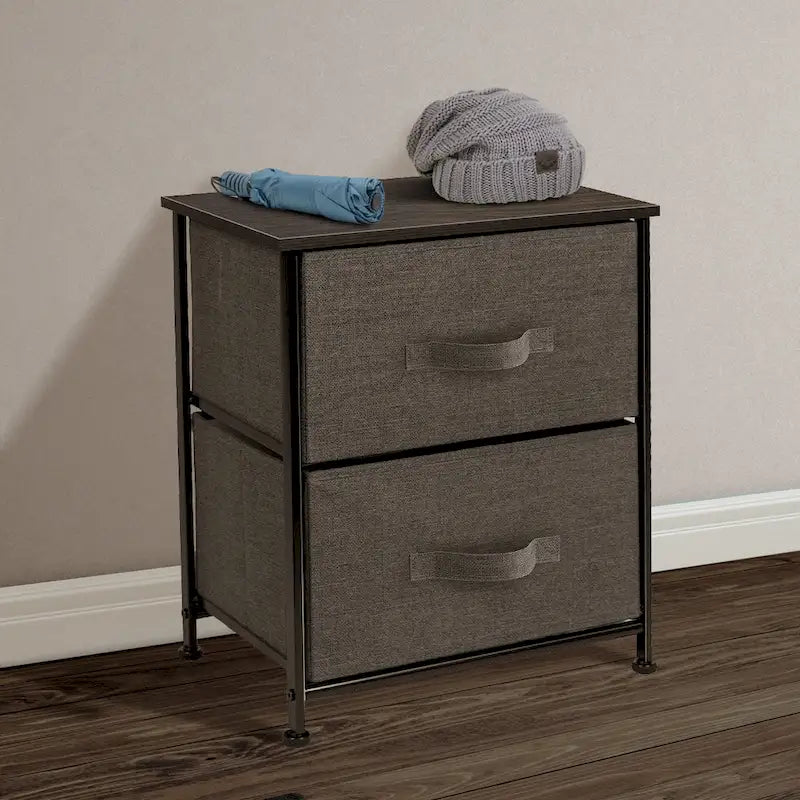 Table de chevet 2 tiroirs, cadre en acier et bacs en tissu, gris noir / marron / gris blanc