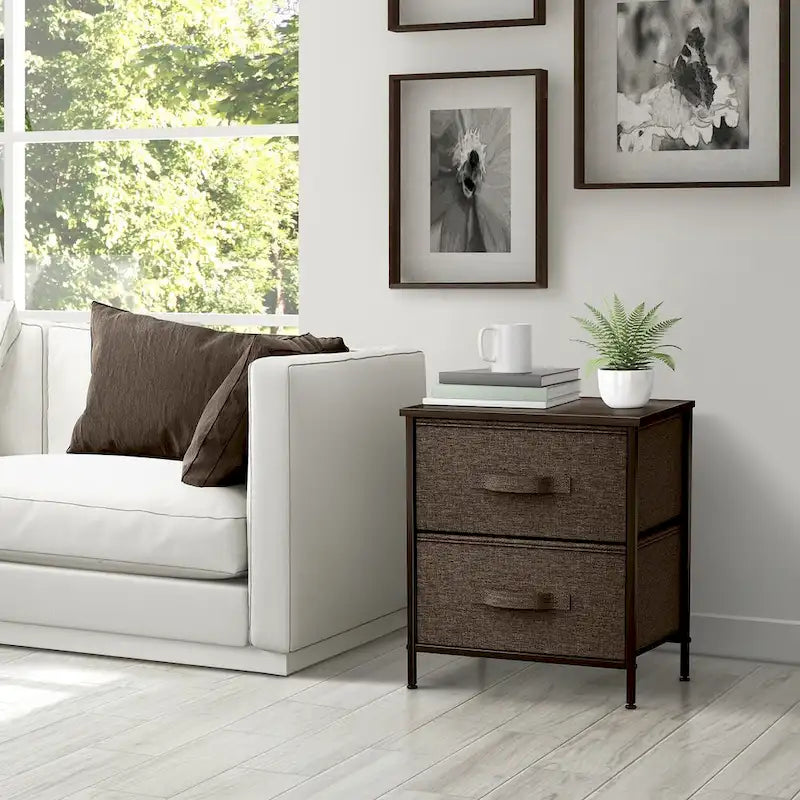 Table de chevet 2 tiroirs, cadre en acier et bacs en tissu, gris noir / marron / gris blanc