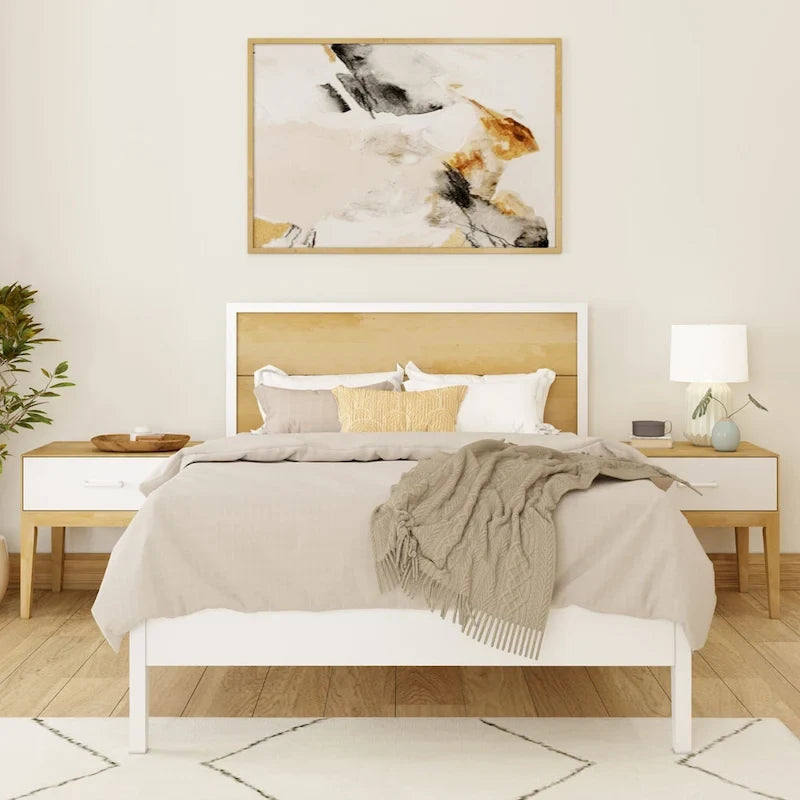 Lit plateforme grand format blanc/naturel avec tête de lit basse, 1 personne