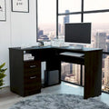 Bureau en L noir / gris foncé / gris clair avec tiroirs, étagères et tablette pour clavier, 1 personne