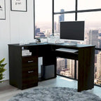 Bureau en L noir / gris foncé / gris clair avec tiroirs, étagères et tablette pour clavier, 1 personne