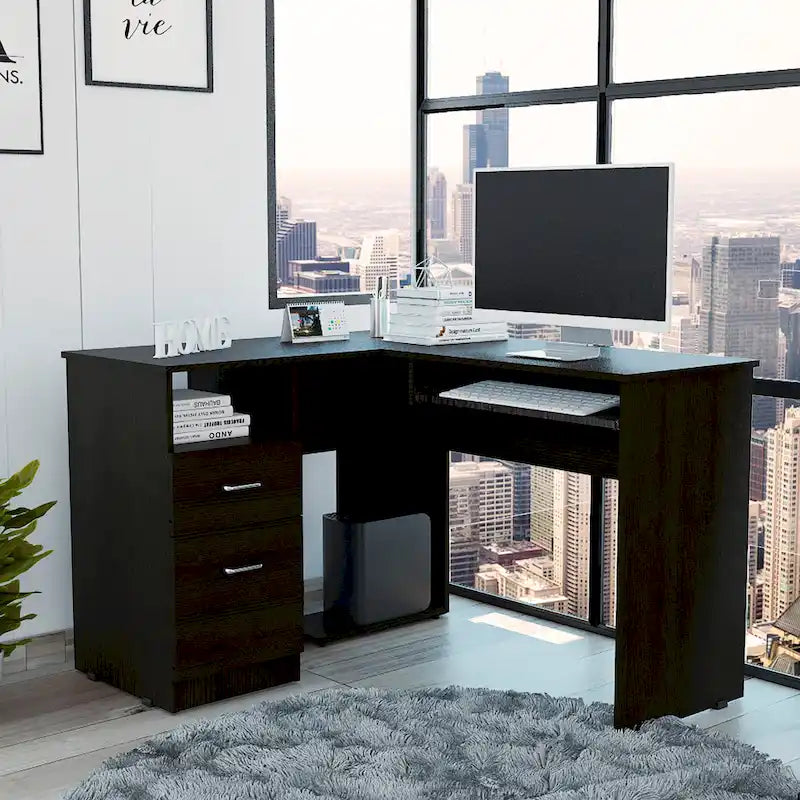 Bureau en L noir / gris foncé / gris clair avec tiroirs, étagères et tablette pour clavier, 1 personne