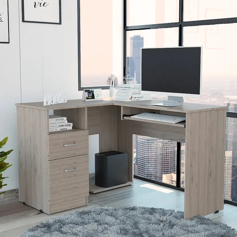 Bureau en L noir / gris foncé / gris clair avec tiroirs, étagères et tablette pour clavier, 1 personne