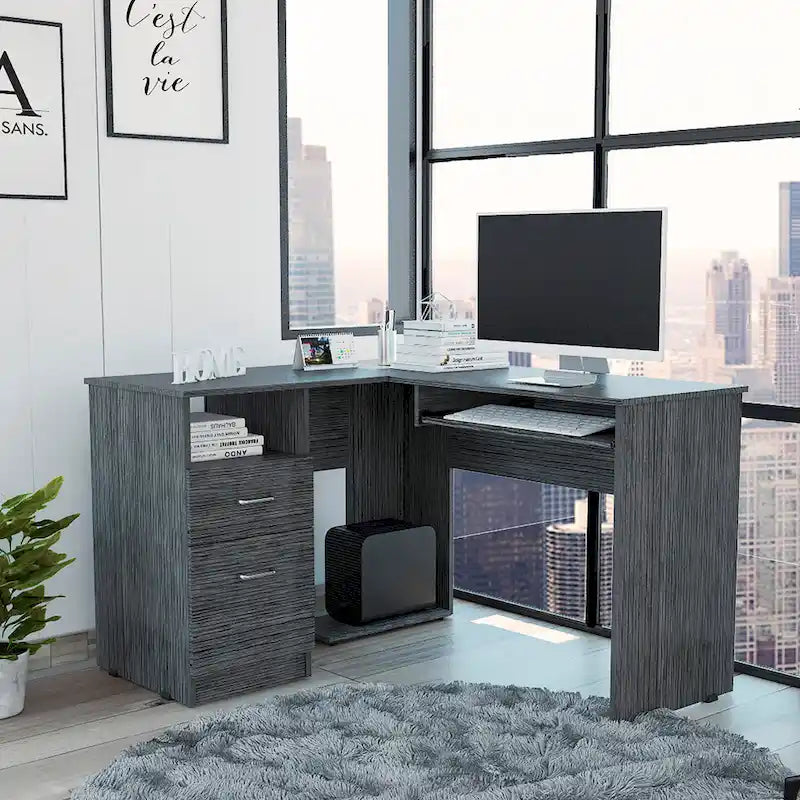 Bureau en L noir / gris foncé / gris clair avec tiroirs, étagères et tablette pour clavier, 1 personne