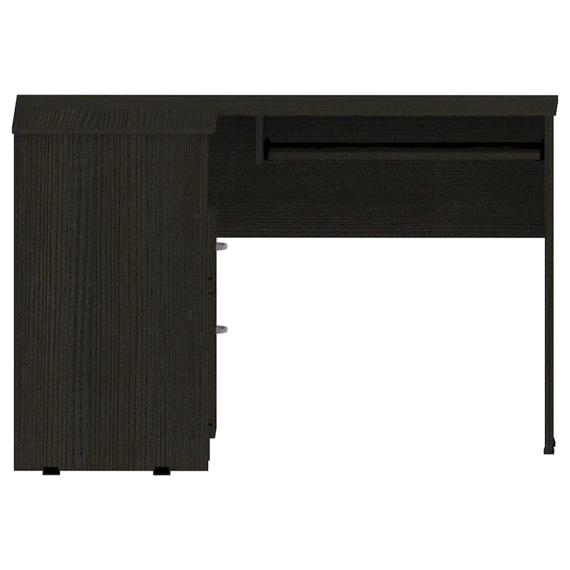 Bureau en L noir / gris foncé / gris clair avec tiroirs, étagères et tablette pour clavier, 1 personne