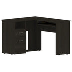 Bureau en L noir / gris foncé / gris clair avec tiroirs, étagères et tablette pour clavier, 1 personne