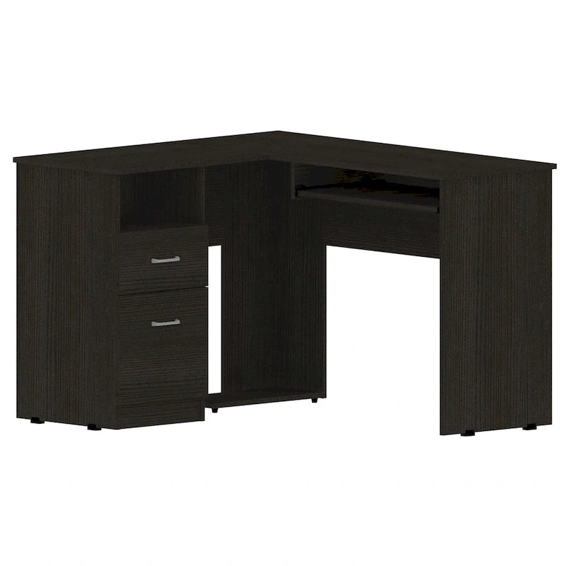 Bureau en L noir / gris foncé / gris clair avec tiroirs, étagères et tablette pour clavier, 1 personne