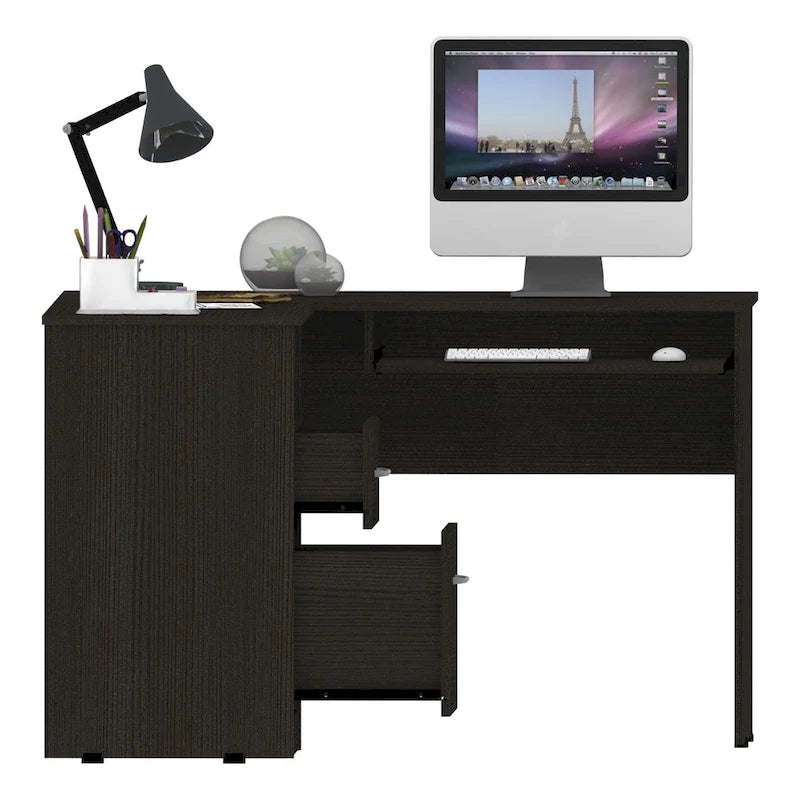 Bureau en L noir / gris foncé / gris clair avec tiroirs, étagères et tablette pour clavier, 1 personne