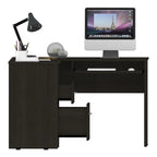 Bureau en L noir / gris foncé / gris clair avec tiroirs, étagères et tablette pour clavier, 1 personne