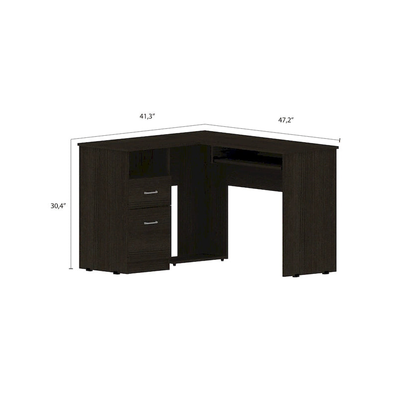 Bureau en L noir / gris foncé / gris clair avec tiroirs, étagères et tablette pour clavier, 1 personne