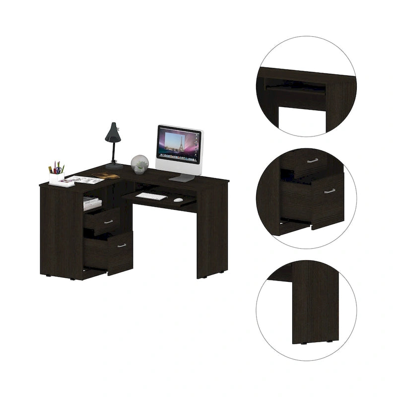 Bureau en L noir / gris foncé / gris clair avec tiroirs, étagères et tablette pour clavier, 1 personne