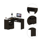 Bureau en L noir / gris foncé / gris clair avec tiroirs, étagères et tablette pour clavier, 1 personne