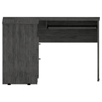 Bureau en L noir / gris foncé / gris clair avec tiroirs, étagères et tablette pour clavier, 1 personne