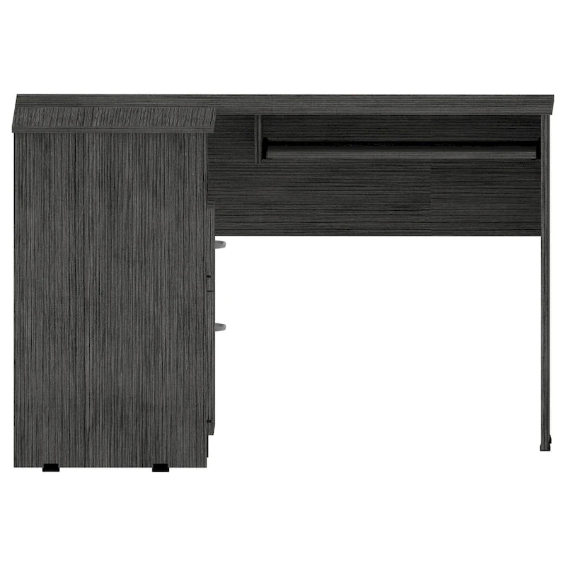 Bureau en L noir / gris foncé / gris clair avec tiroirs, étagères et tablette pour clavier, 1 personne