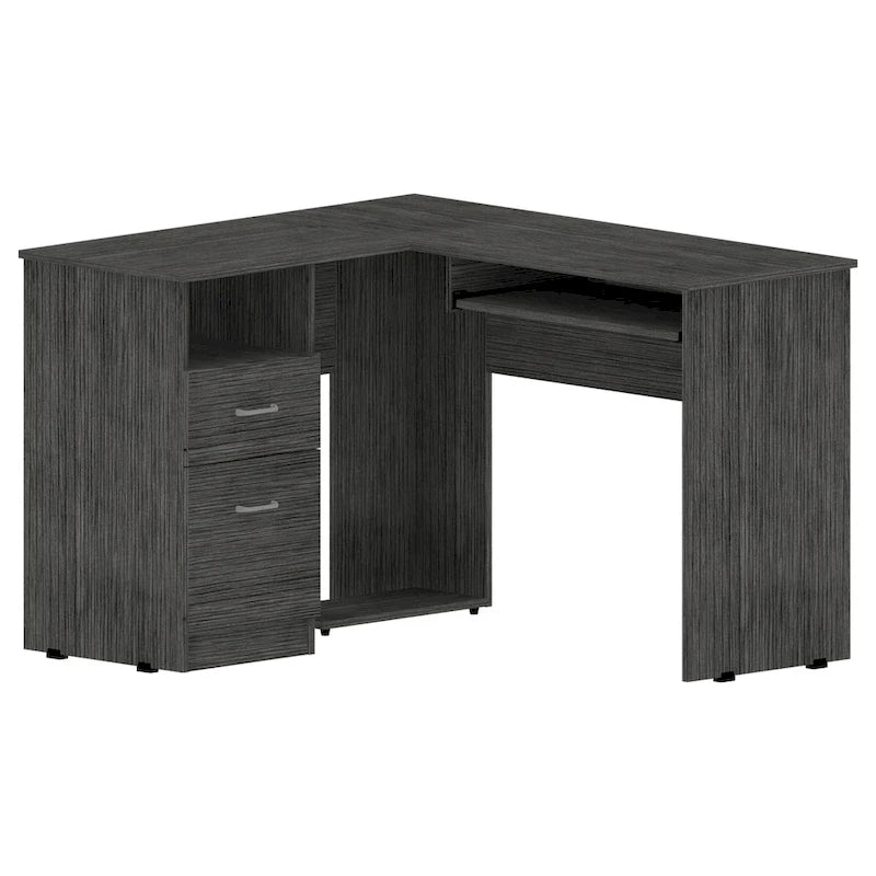 Bureau en L noir / gris foncé / gris clair avec tiroirs, étagères et tablette pour clavier, 1 personne