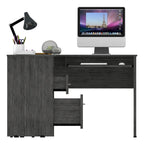 Bureau en L noir / gris foncé / gris clair avec tiroirs, étagères et tablette pour clavier, 1 personne