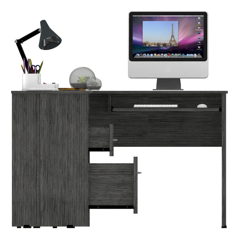 Bureau en L noir / gris foncé / gris clair avec tiroirs, étagères et tablette pour clavier, 1 personne
