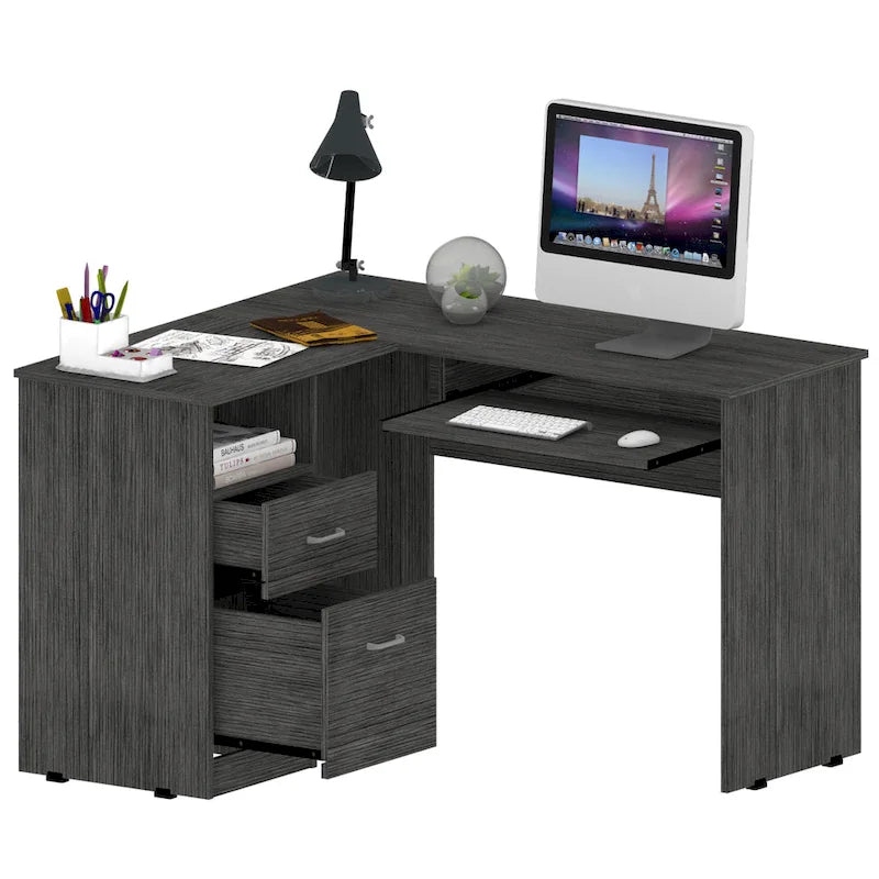 Bureau en L noir / gris foncé / gris clair avec tiroirs, étagères et tablette pour clavier, 1 personne