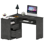 Bureau en L noir / gris foncé / gris clair avec tiroirs, étagères et tablette pour clavier, 1 personne