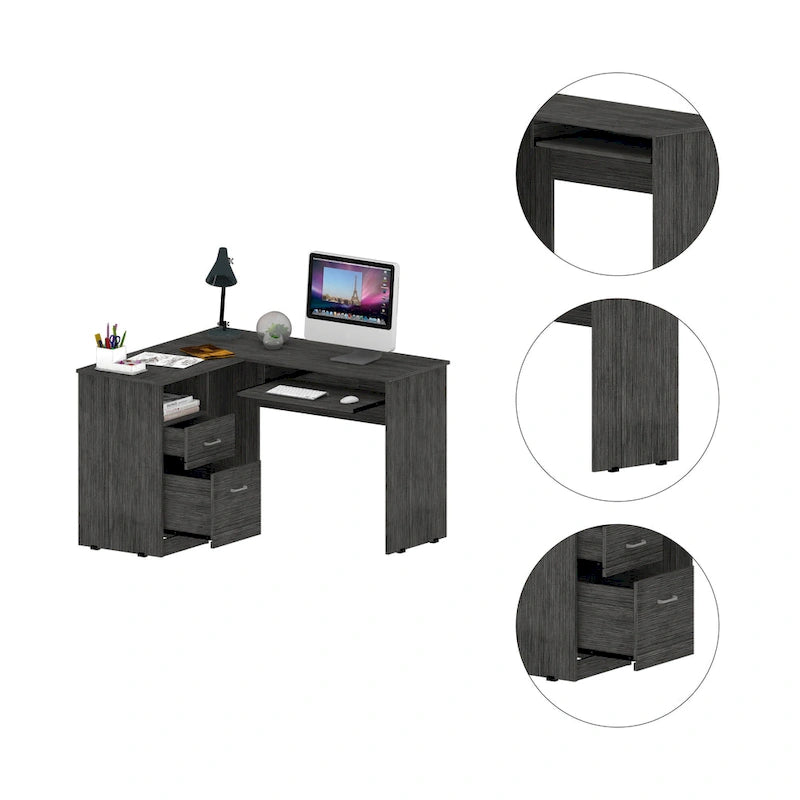 Bureau en L noir / gris foncé / gris clair avec tiroirs, étagères et tablette pour clavier, 1 personne