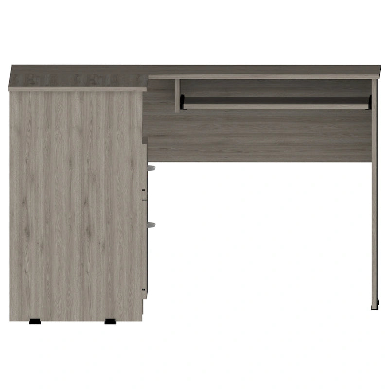 Bureau en L noir / gris foncé / gris clair avec tiroirs, étagères et tablette pour clavier, 1 personne